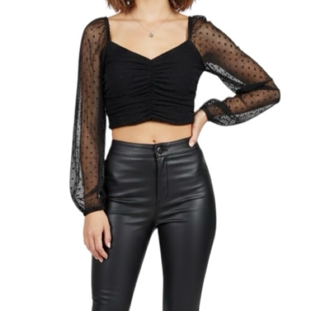 Blue Blush Black Mesh Top Crop Ruched Semi Sheer Polka Dots L